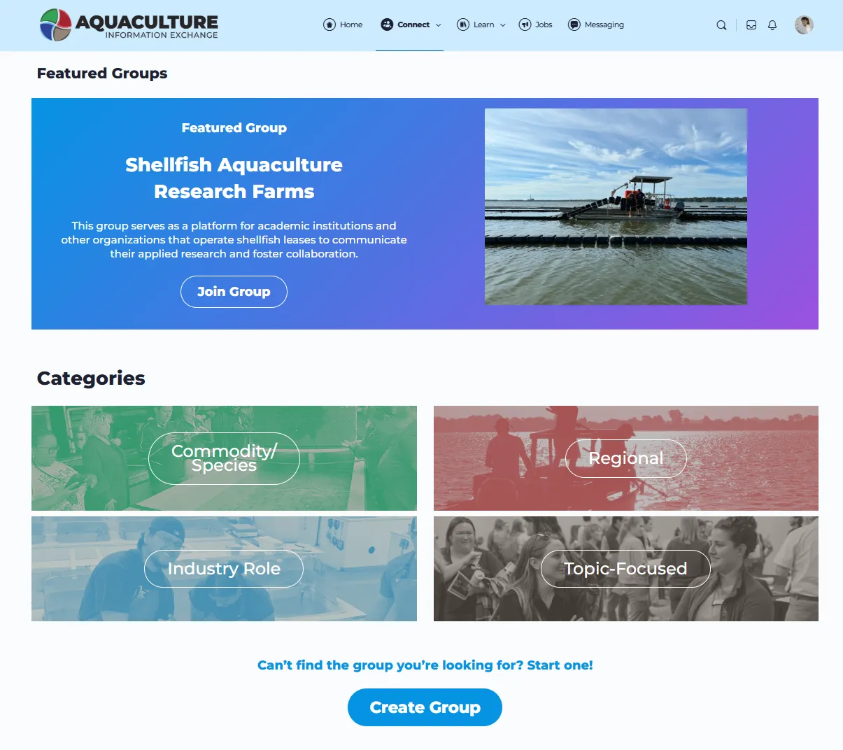 The new Groups landing page spotlighting a featured group with browseable categories