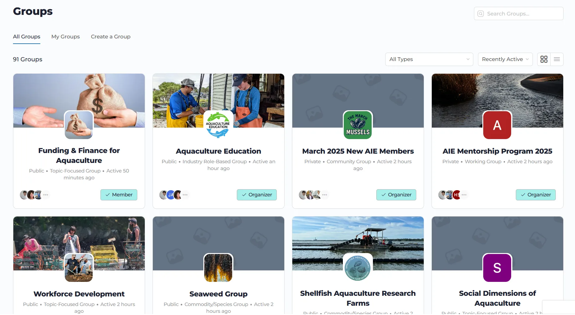 The AIE groups directory showing a long unfiltered list of groups