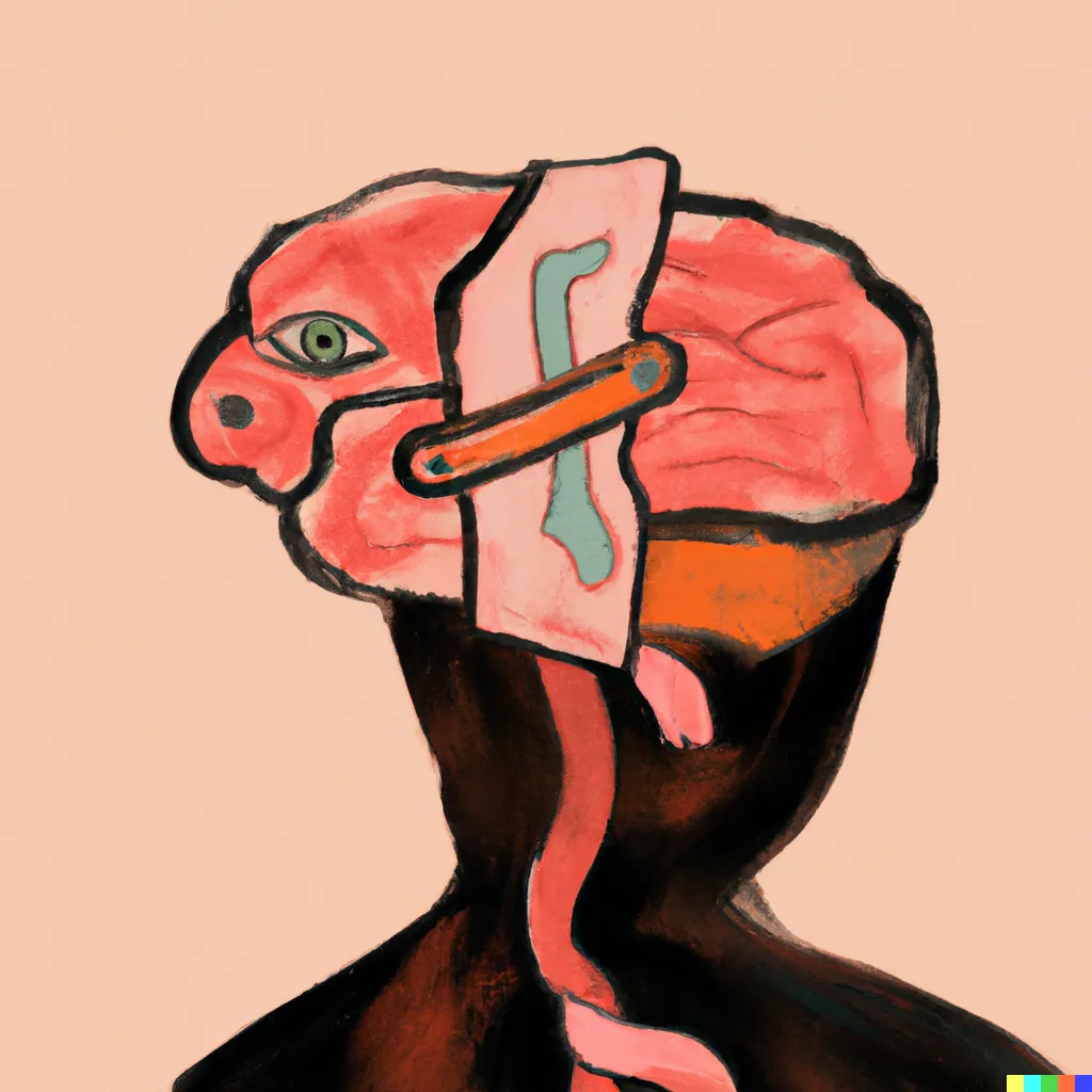 Dall-E 2 illustration of a face in profile with a dark monocle and a strap across its head