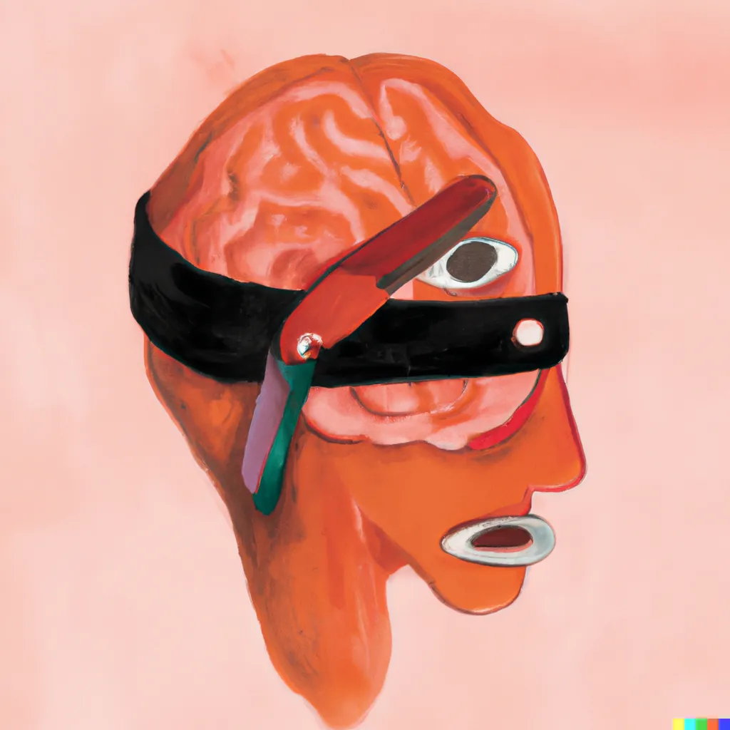 Dall-E 2 illustration of a head with an exposed brain wearing a blindfold