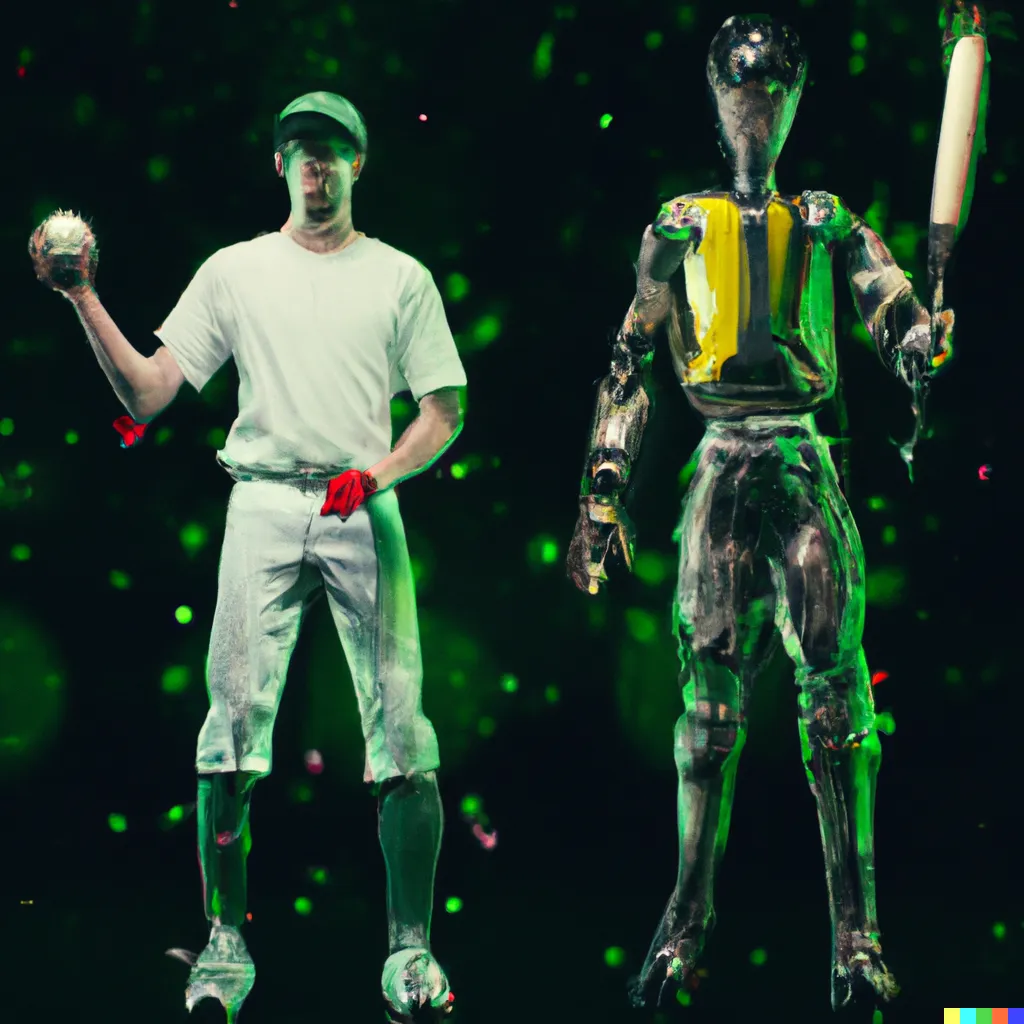 Dall-E 2 illustration of a baseball player standing next to a robot holding a bat