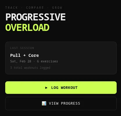 Screenshot of the first draft of my workout tracking app, featuring buttons to log a workout and view progress
