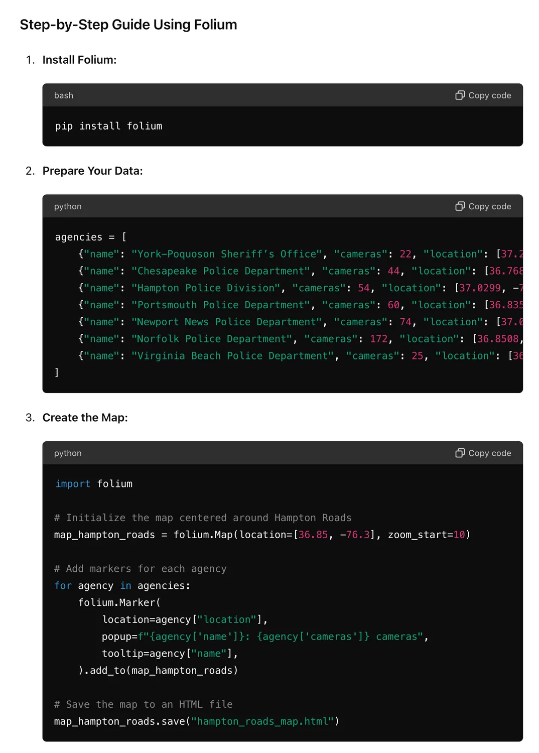 ChatGPT conversation showing a step-by-step guide using the Folium Python library: installing Folium, preparing the camera data, and creating the map