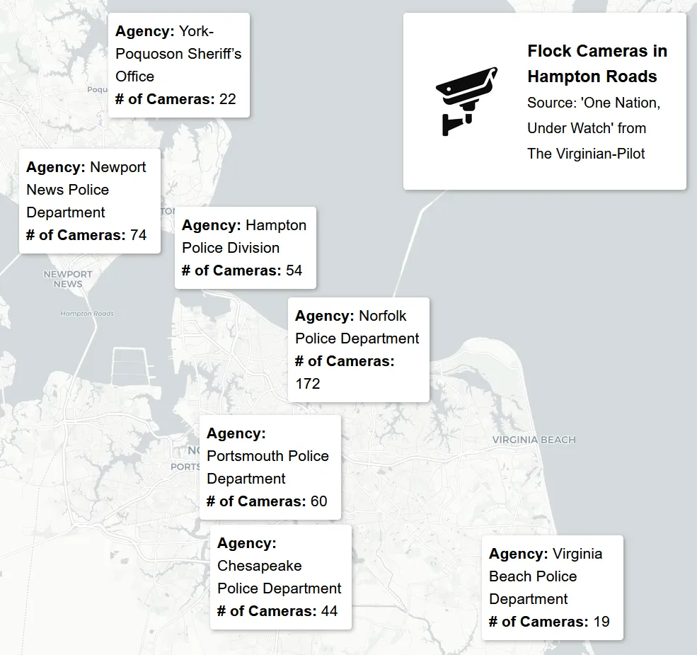 Map of Hampton Roads with labels showing the number of Flock cameras operated by each local law enforcement agency