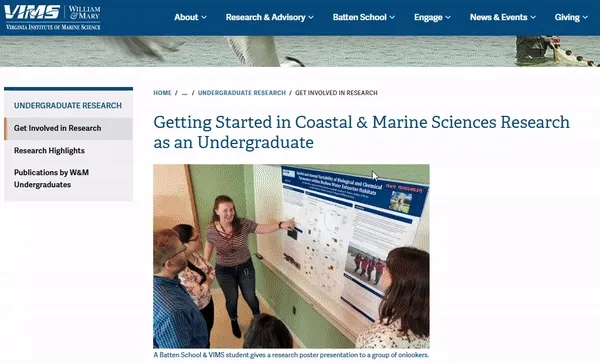 A screen recording showing the new undergraduate research page, with tips to get started, photo cards to email different faculty and apply for different positions.