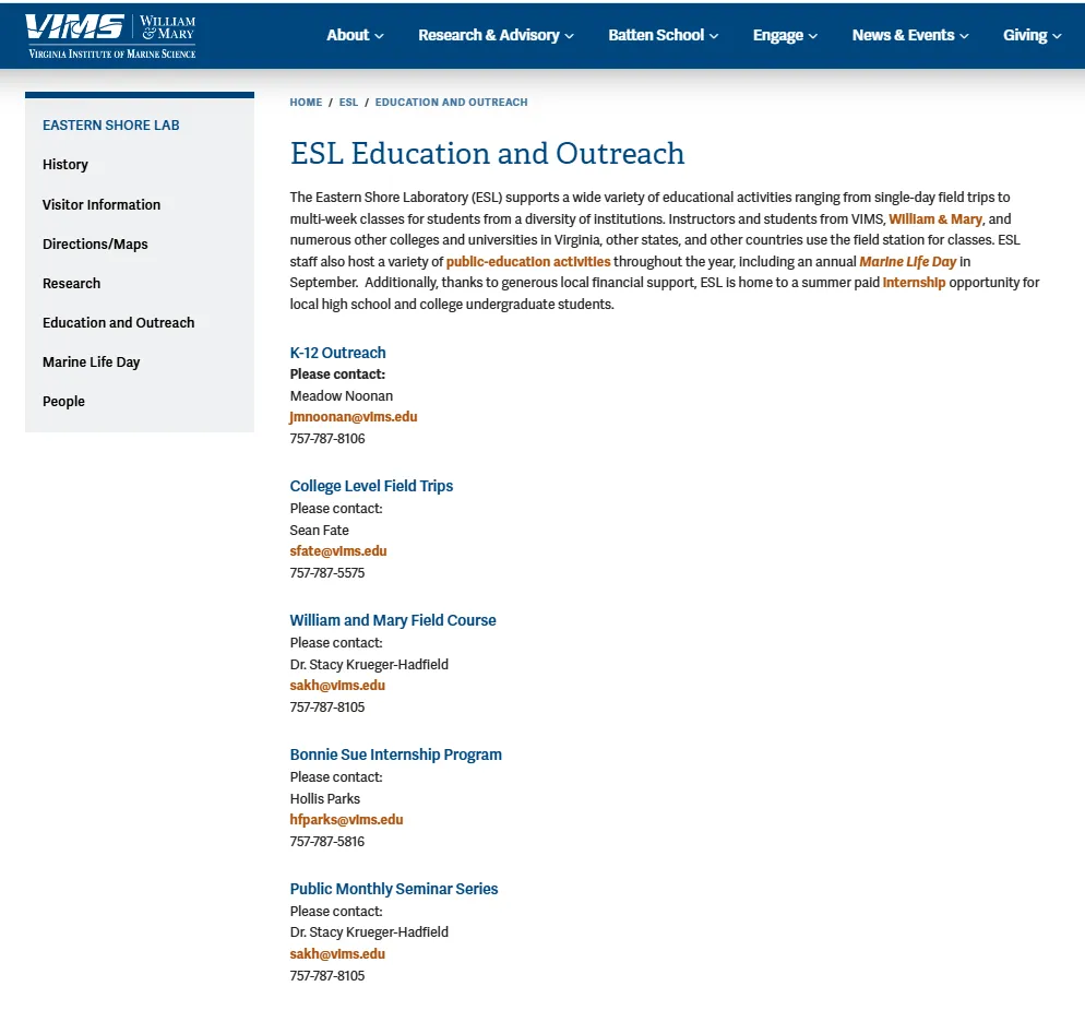 A screenshot of the old ESL Education & Outreach landing page with one paragraph of text followed by a list of contact information.