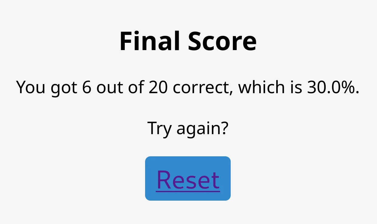 End screen of the baseball trivia game showing the final score with options to restart