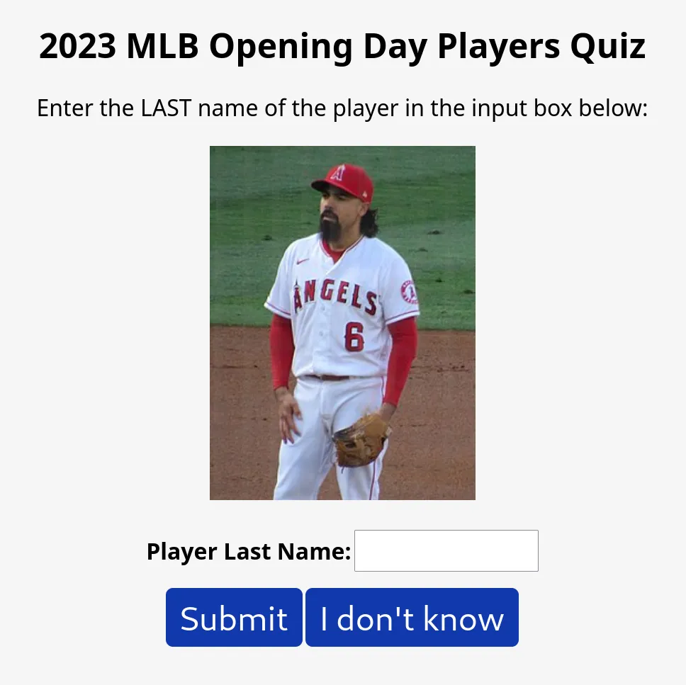 Screenshot of the baseball trivia game showing a player photo above a text box asking who it is