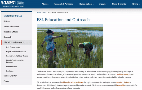 A screen recording of the new ESL Education and Outreach page featuring their programming for K12 students, college groups, and the public.