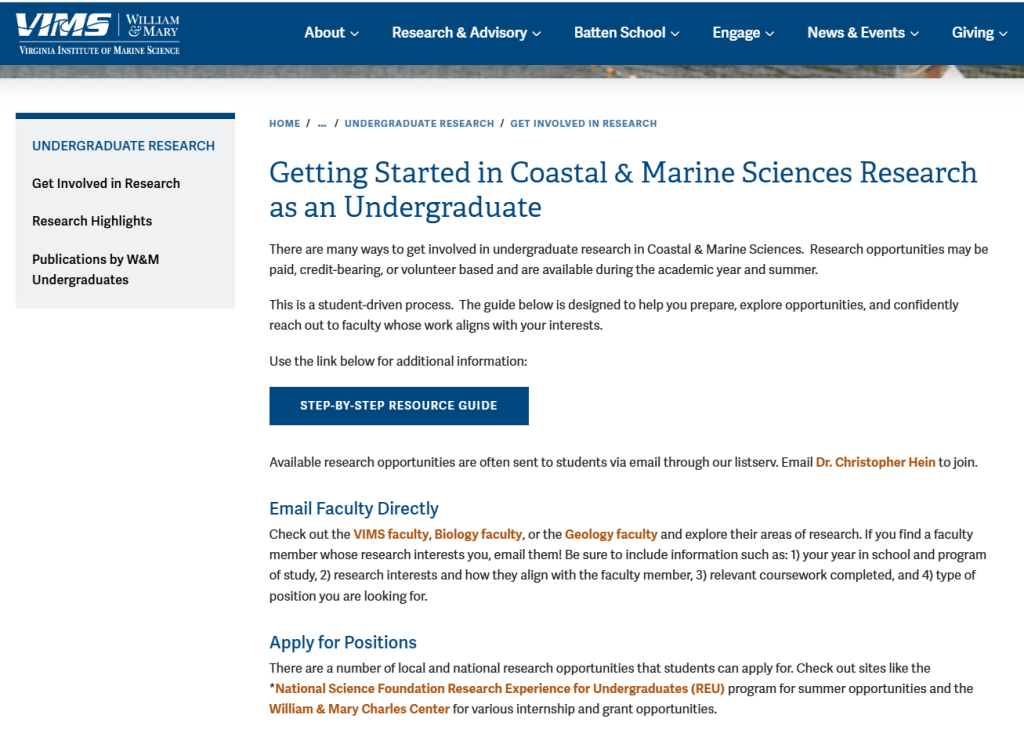 A screenshot of the old Undergraduate Research landing page