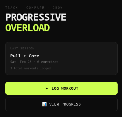 Screenshot of the first draft of my workout tracking app, featuring buttons to log a workout and view progress